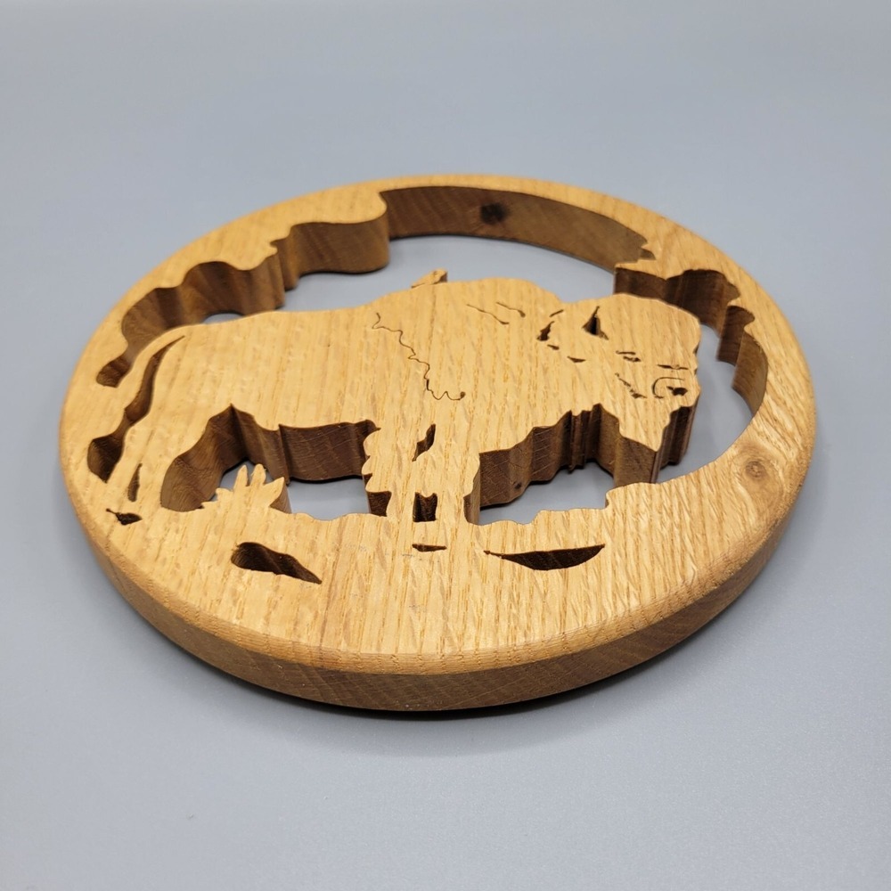 Buffalo Scene Handcrafted Wooden 3D Oak Wood Circular Wall Art Trivet Decor - Picture 9 of 10